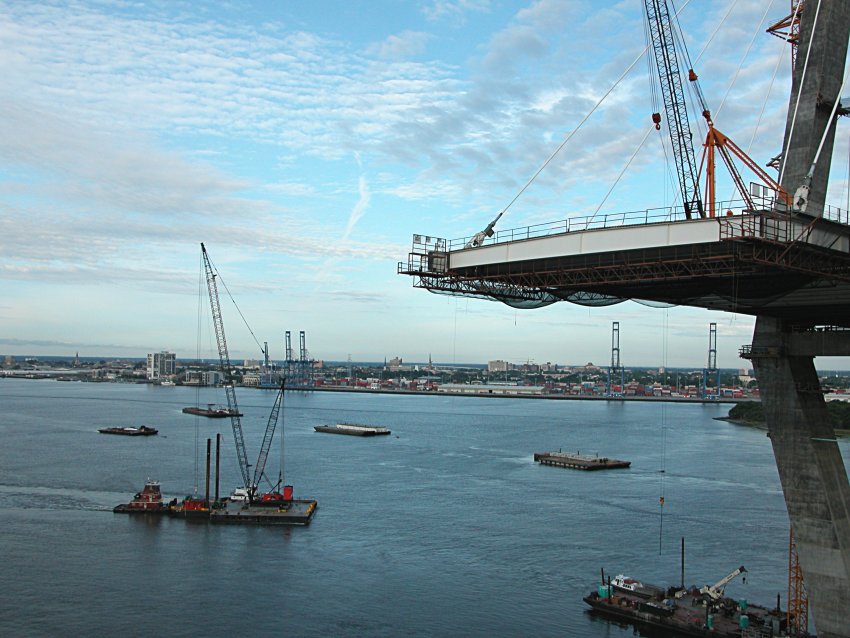 tug, crane, barge with 
steel